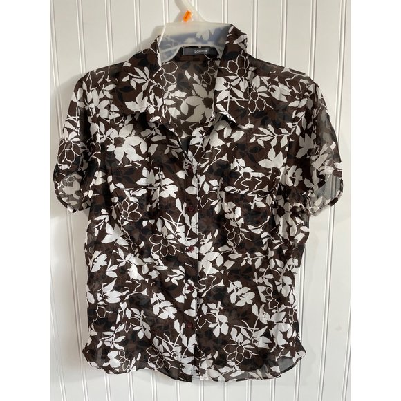 Liz Claiborne Tops - Liz Claiborne Shirt Women's 10 Brown White Floral Semi Sheer Collared Blouse Top